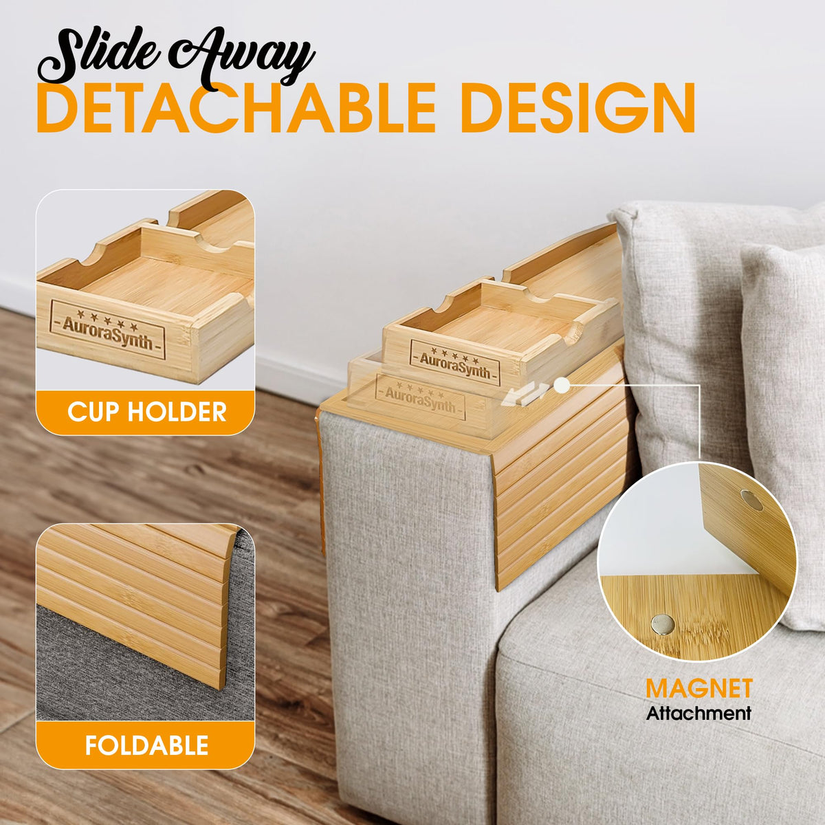 AuroraSynth anti-slip foldable sofa arm table stays in place during use