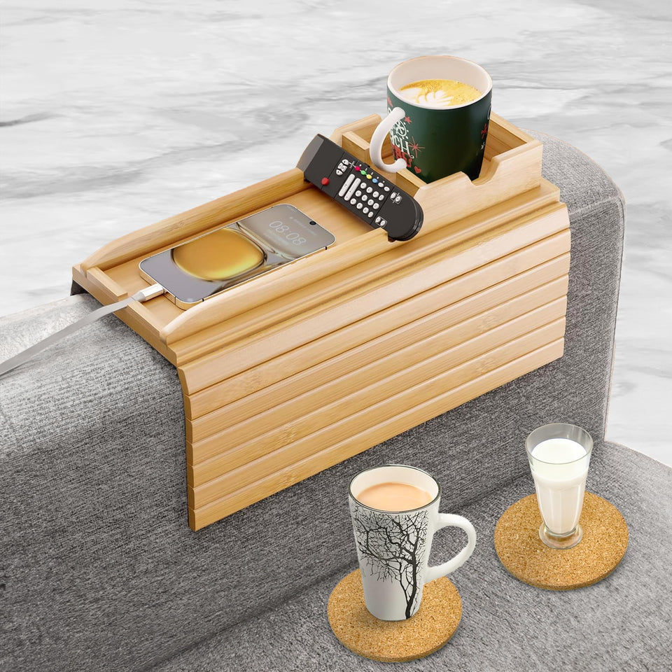 AuroraSynth bamboo couch arm tray with cup holder for stable drinks during evenings
