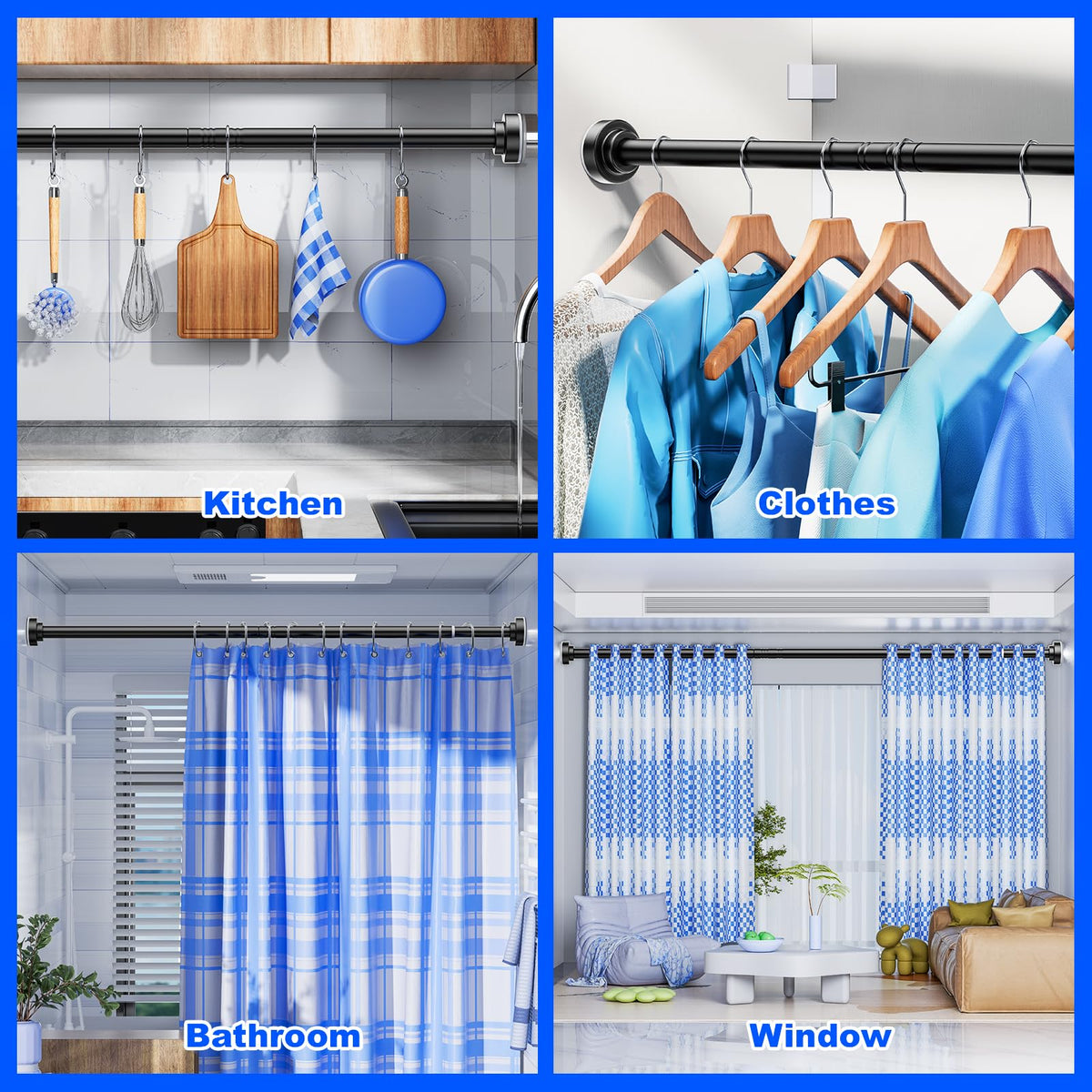 Ausemku multipurpose tension rod for bathrooms, bedrooms, or kitchens