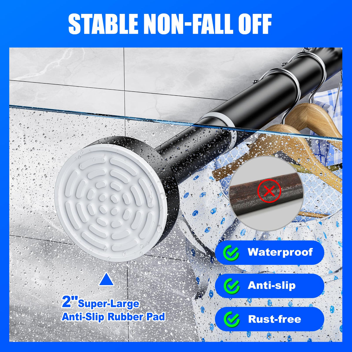 Ausemku shower rod tension with non-slip grips for stable curtain support