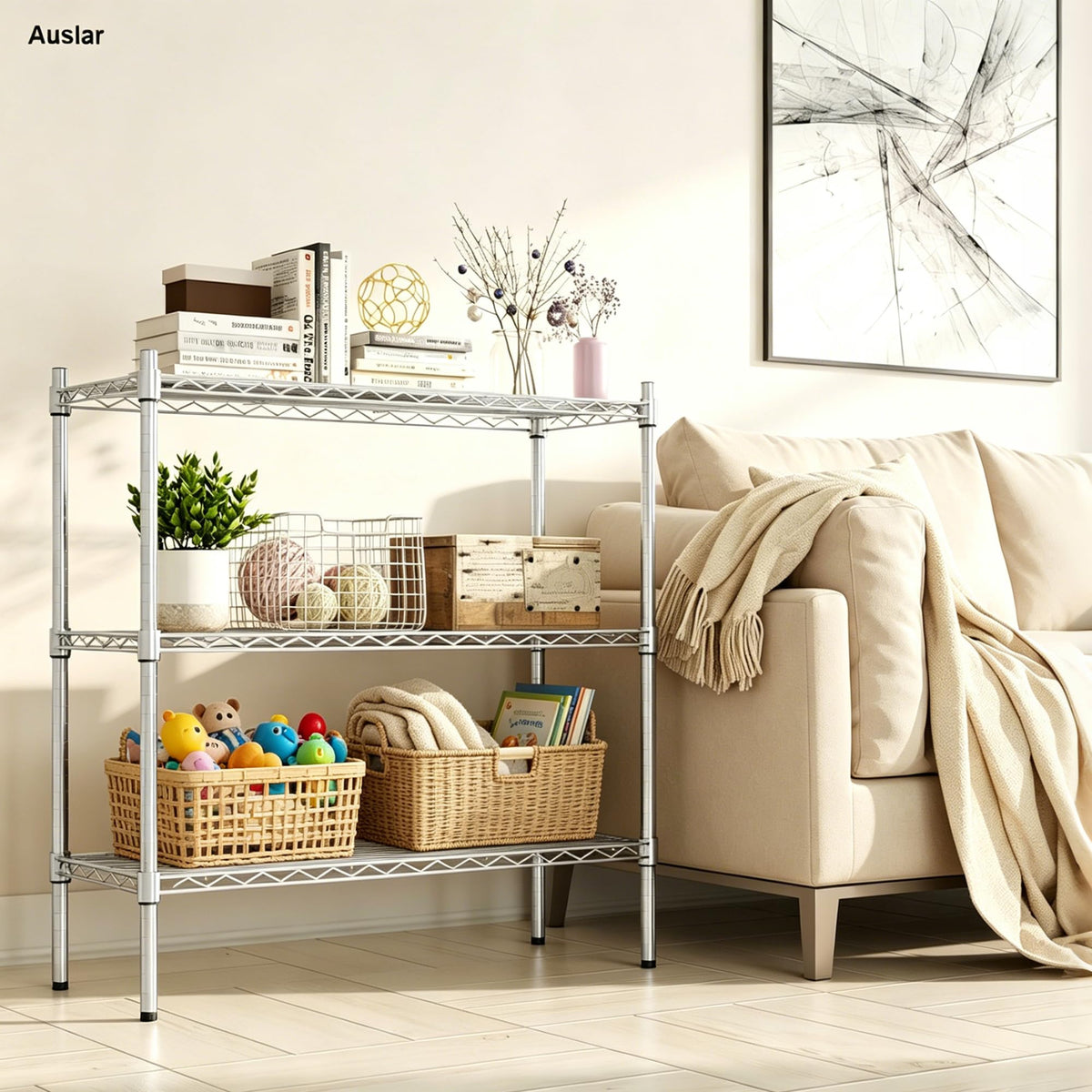 Auslar leveling-feet protect floors while keeping shelves stable.
