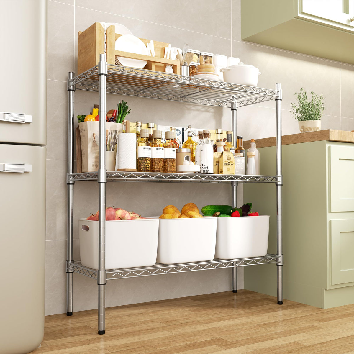 Auslar sturdy frame highlights robust support for pantry and workshop items.