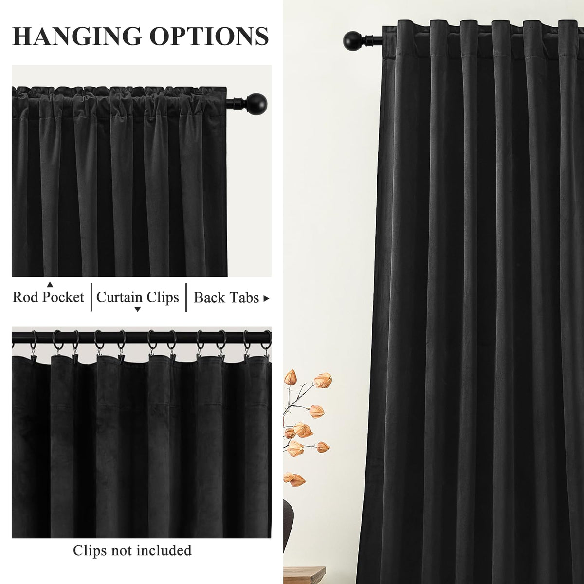 AUSSPVOCT velvet curtains with back tab and rod-pocket top for versatile mounting
