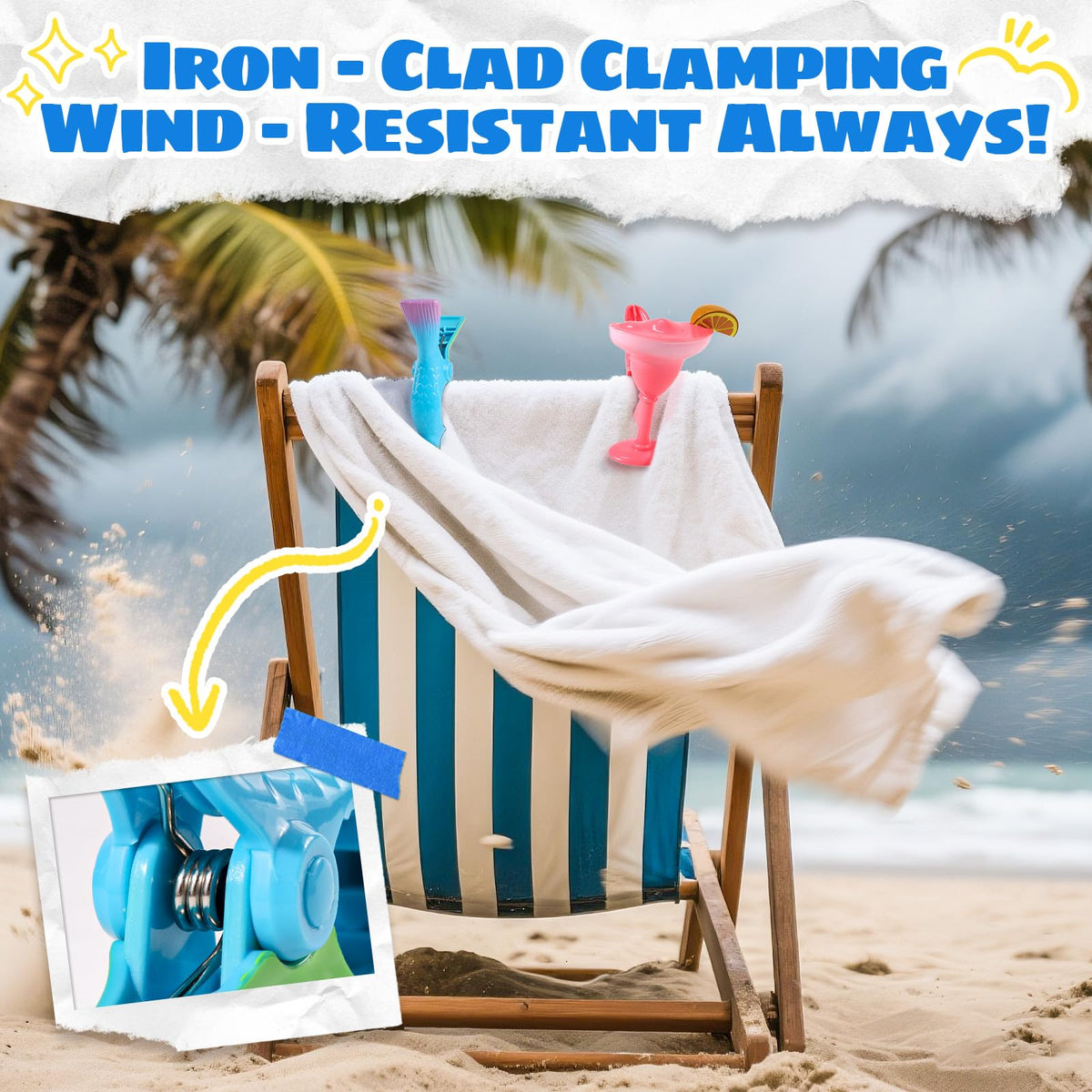 Autubin parrot towel clip securing towels on breezy poolside chairs.