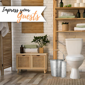 Autumn Alley cursive trash detail complements western bathroom accessories.