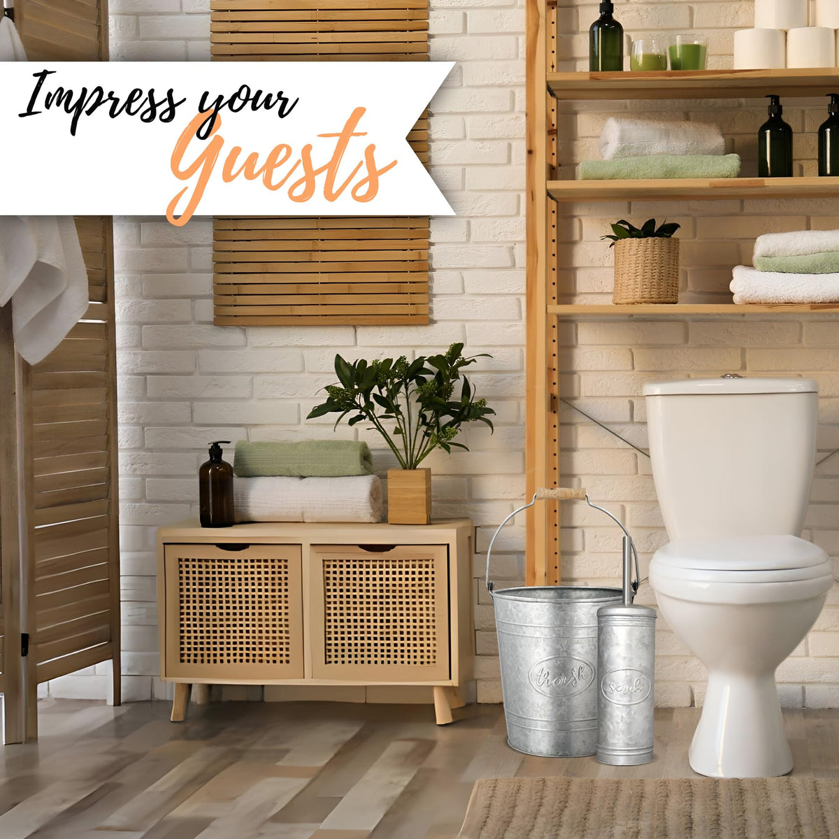 Autumn Alley cursive trash detail complements western bathroom accessories.