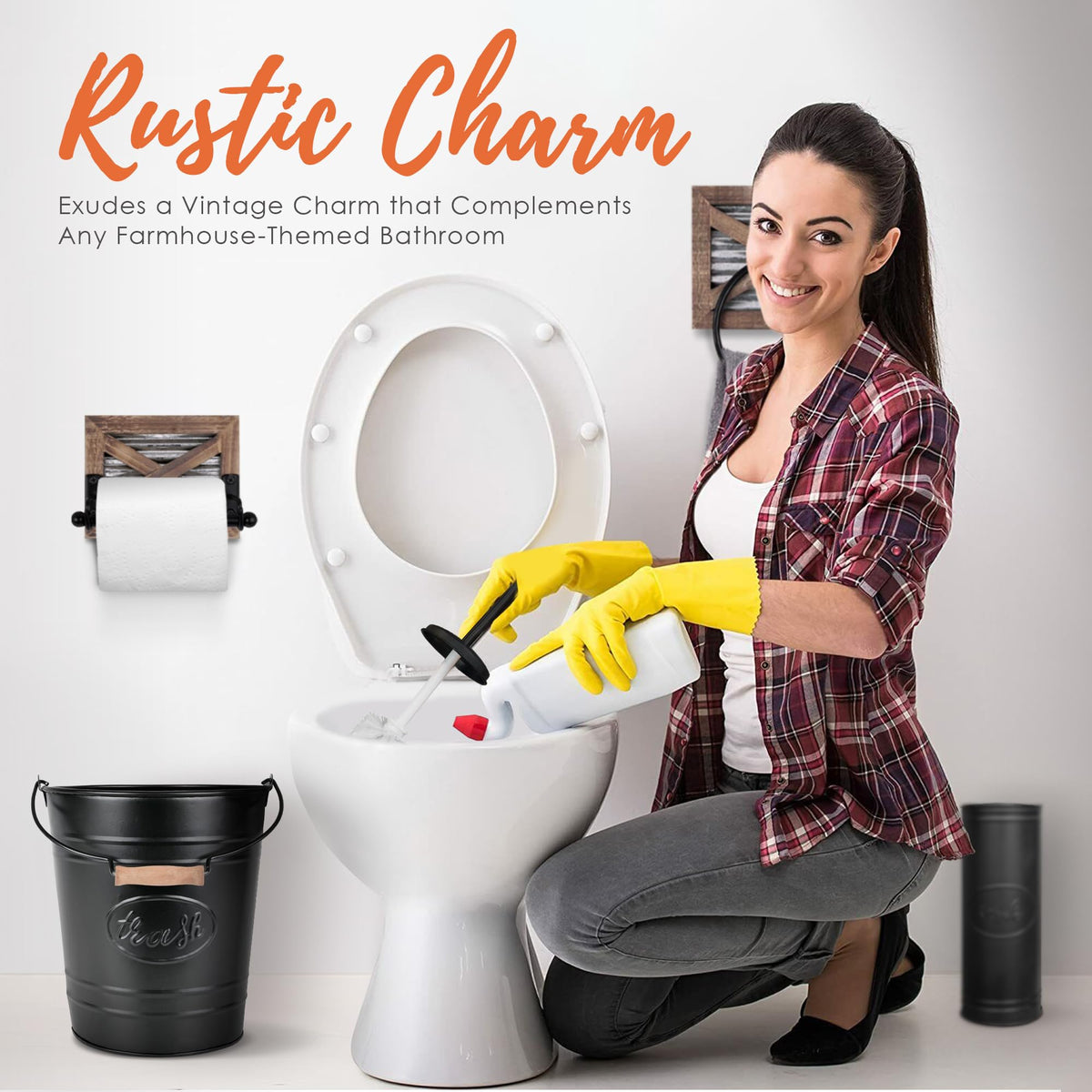 Autumn Alley decorative bathroom setup delivers cohesive farmhouse styling.