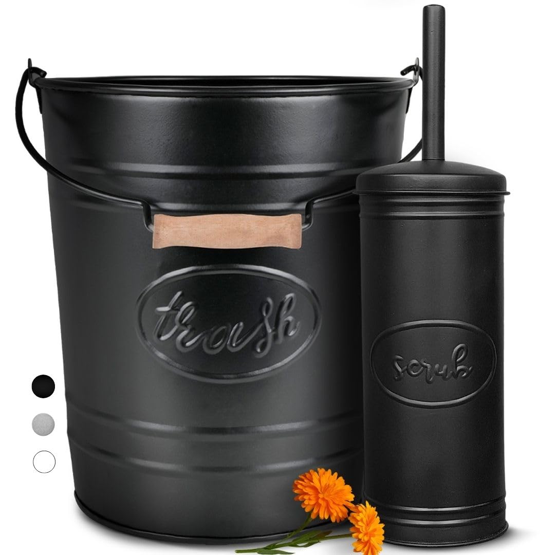 Autumn Alley farmhouse trash can with toilet brush set offers durable, rust-resistant bathroom storage.