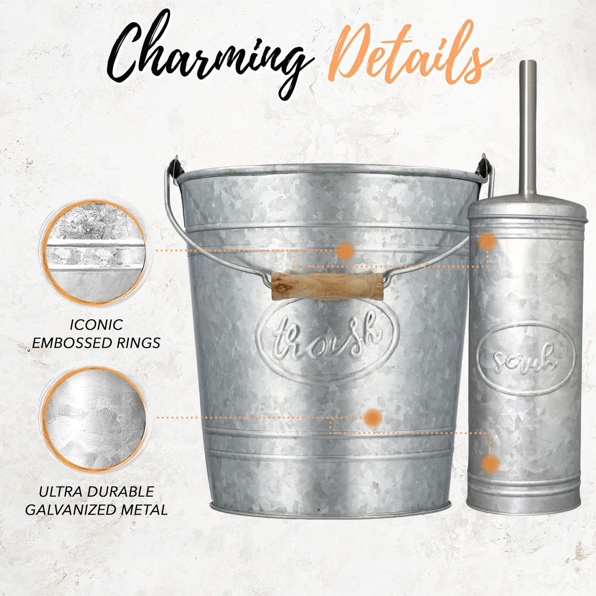 Autumn Alley galvanized trash can detail adds vintage character.