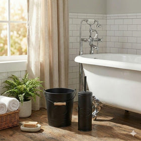 Autumn Alley rustic brush holder with galvanized accents complements western bathroom decor.