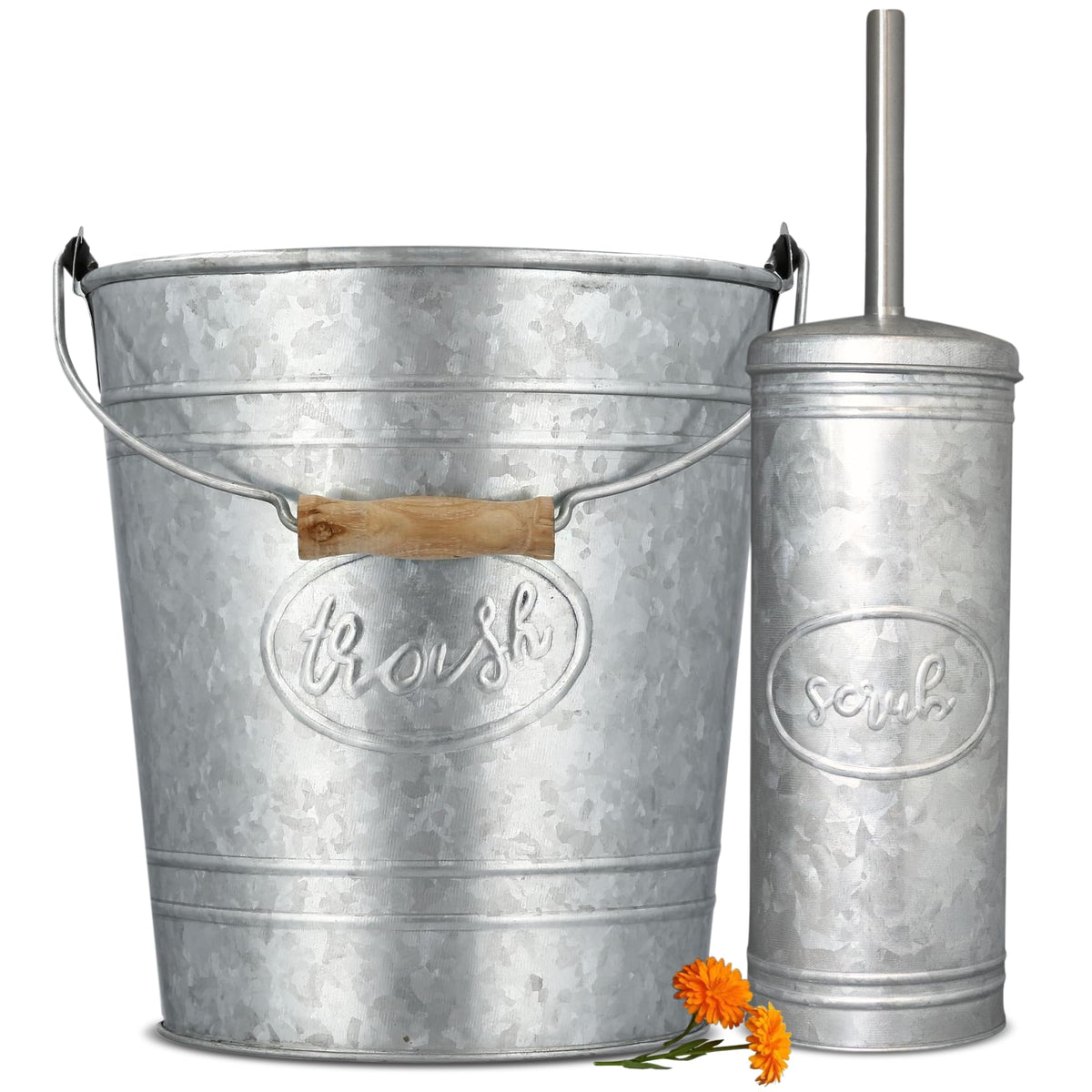 Autumn Alley rustic trash can with galvanized finish for farmhouse style.