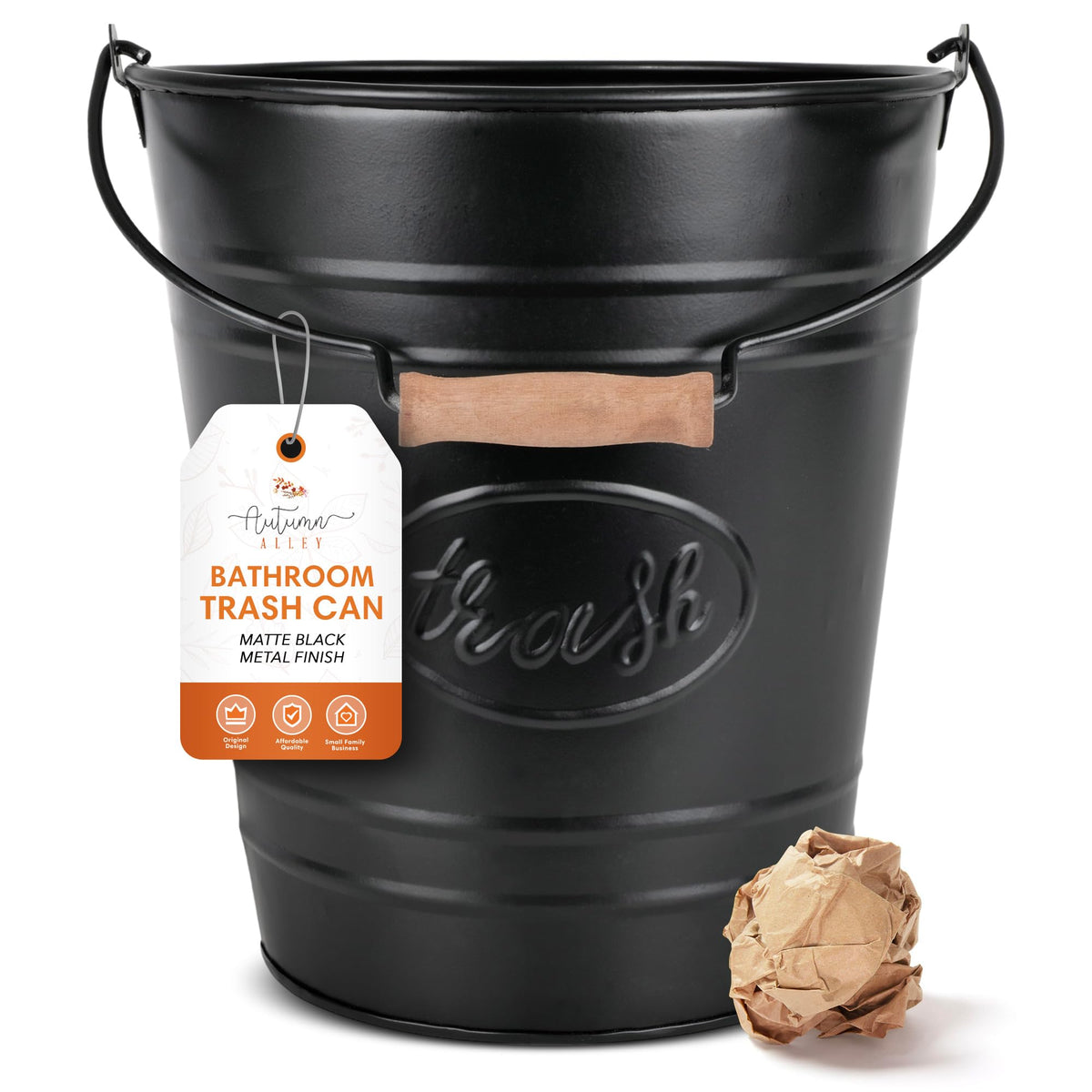 Autumn Alley matte-black trash can enhances bathroom style with concealed waste.