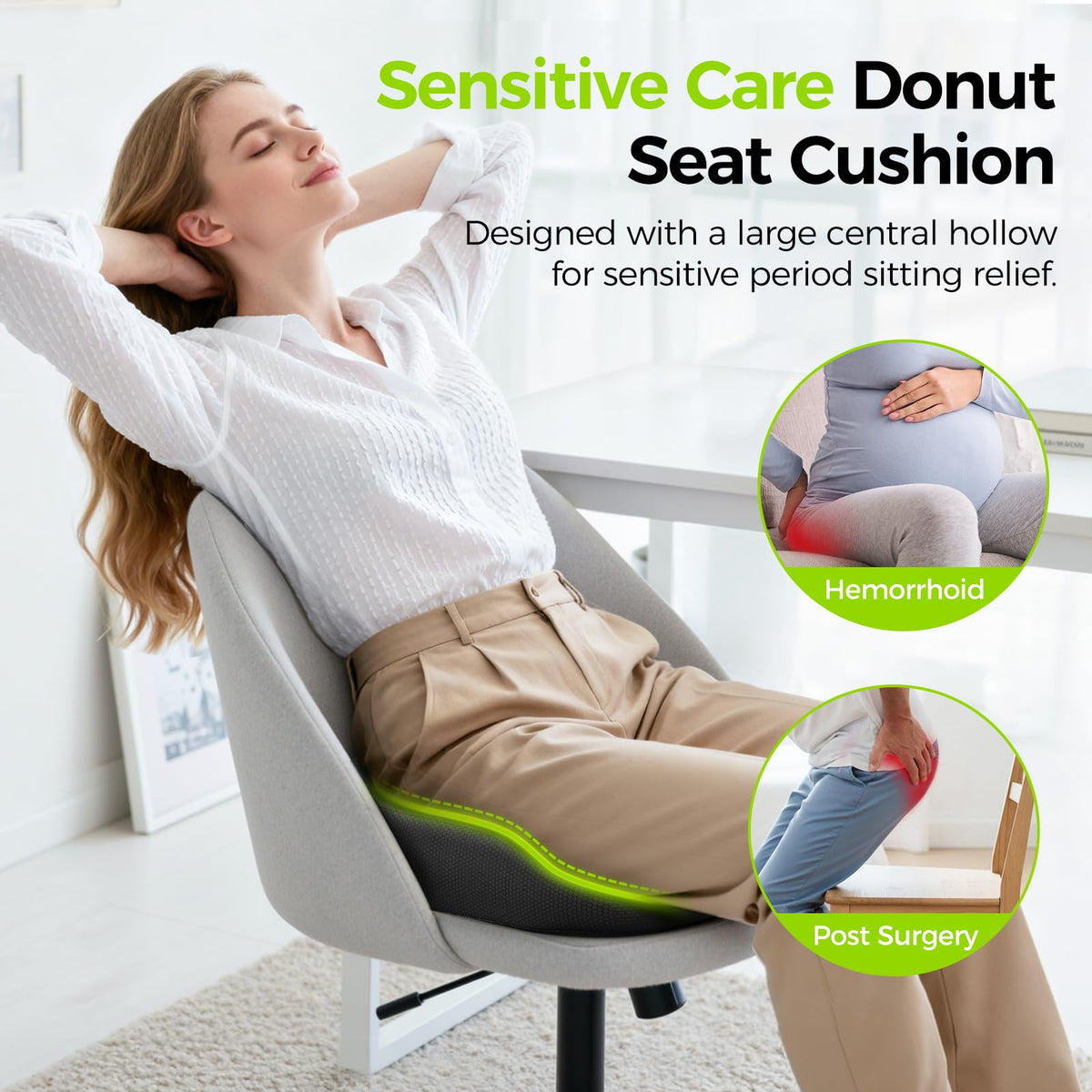 AUVON Donut Pillow front-slope design supports thighs to reduce pressure.
