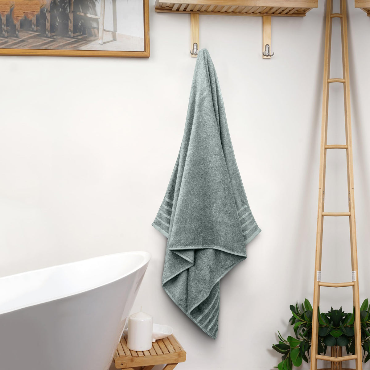 Avalon Towels 30x60 on bathroom rack demonstrates ample coverage and drape