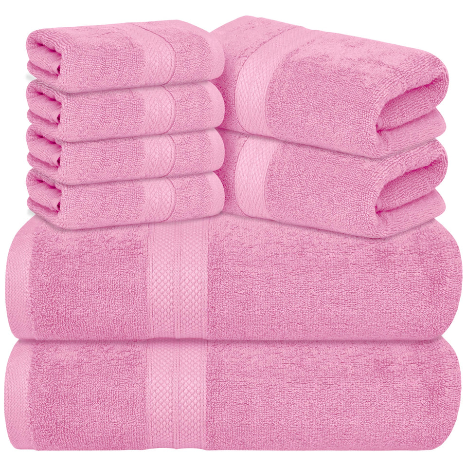 Avalon Towels luxury 8-piece pink set displays plush softness and cohesive style.