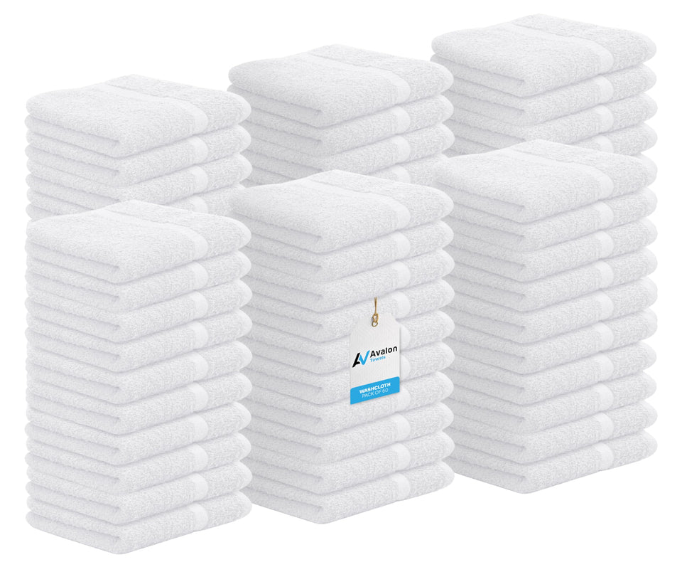 Avalon Towels 60-pack washcloths, 12x12 inches, ultra-absorbent for daily face care.
