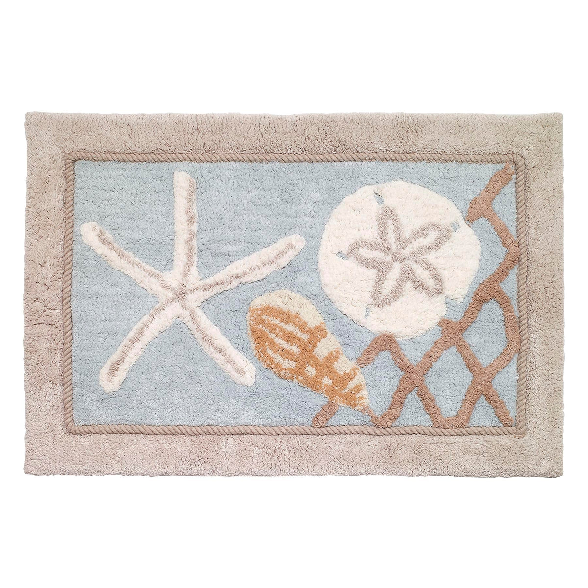 Avanti Seaglass rug with shells and starfish enhances bathroom decor.