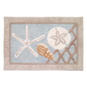 Avanti Seaglass rug with shells and starfish enhances bathroom decor.