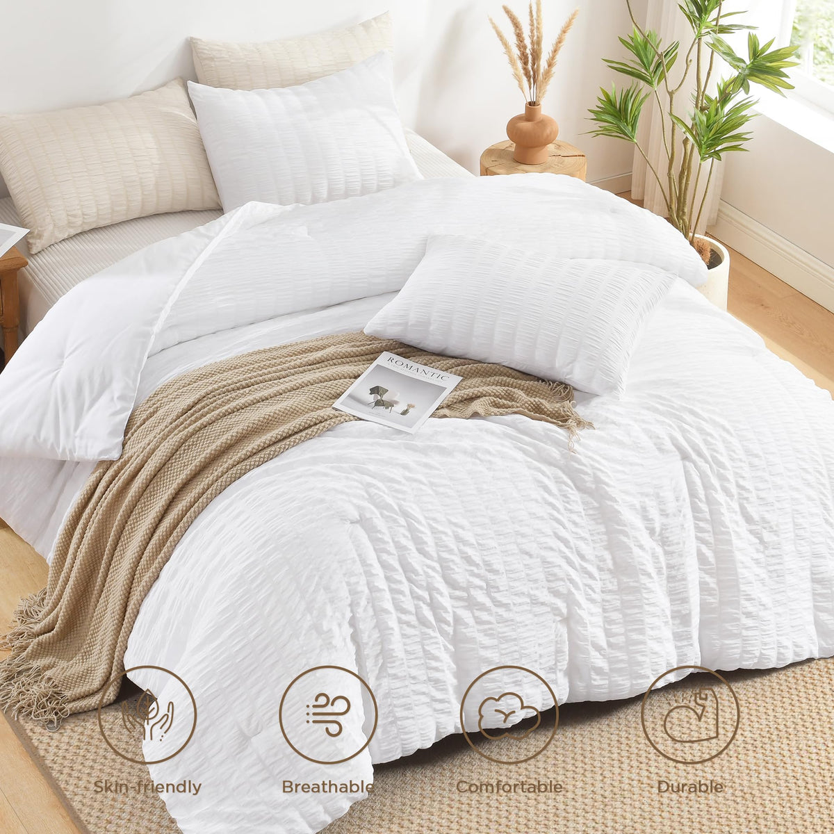 AveLom king-size comforter dimensions show 104x90 inch coverage.