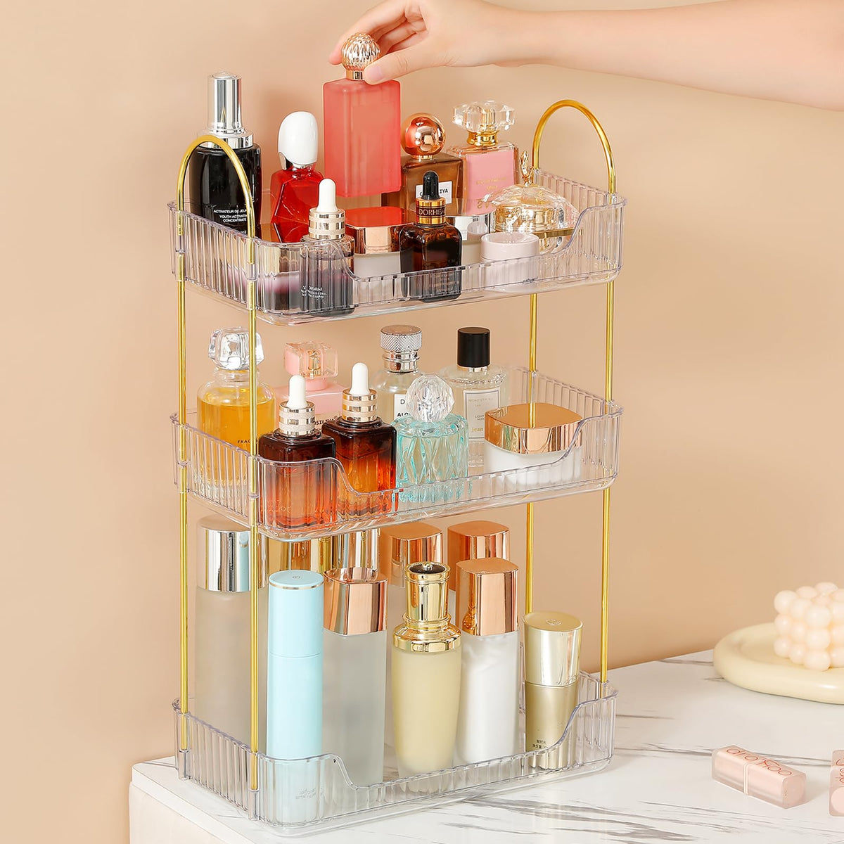 Aveniee 3-tier organizer front view with spacious shelves for skincare and perfumes.