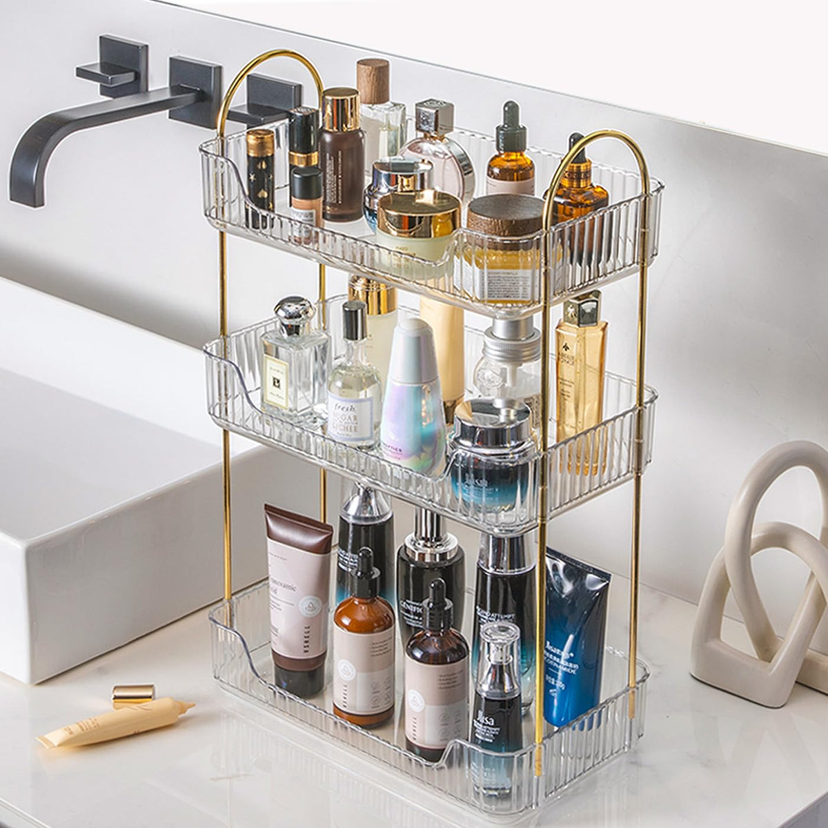 Aveniee 3-tier organizer side view shows compact footprint for countertops.
