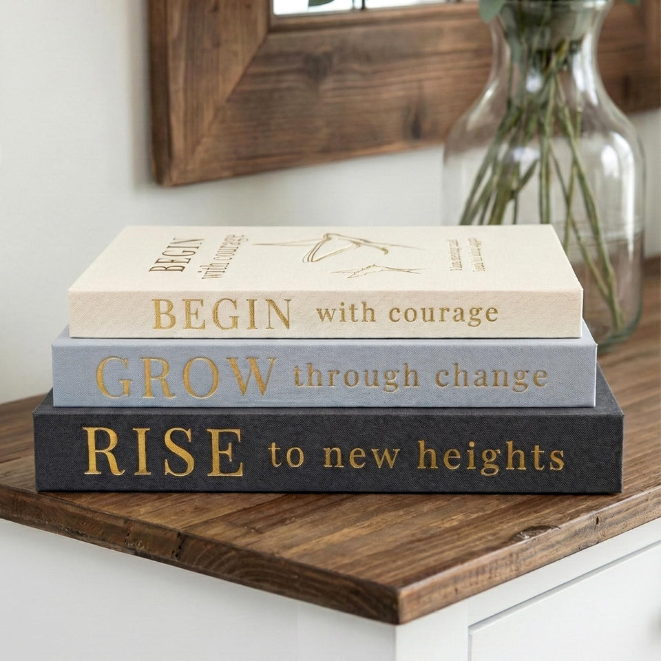 AVIDA decorative books 3-pack with linen covers elevates shelf styling.