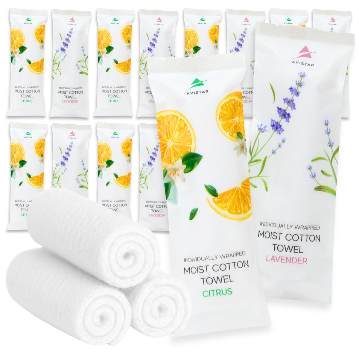 Avistar 60 wrapped moist towels pack for on-the-go freshness.