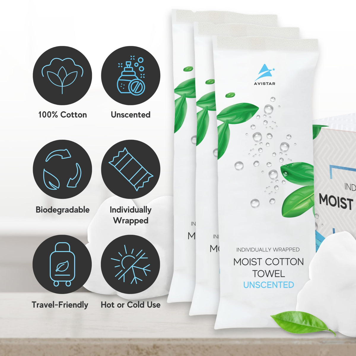 Avistar unscented moist towelettes, individually wrapped for fragrance-free hand cleansing.