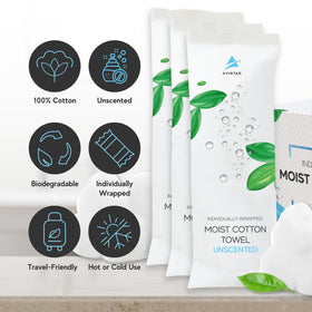 Avistar unscented moist towelettes, individually wrapped for fragrance-free hand cleansing.