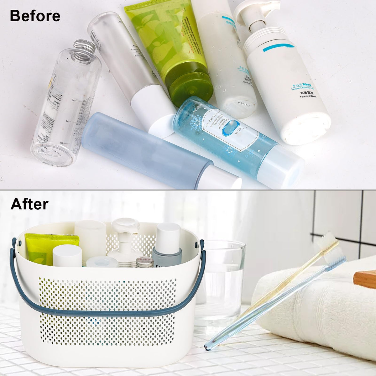AVLA modern minimalist shower caddy complements contemporary bathroom decor.