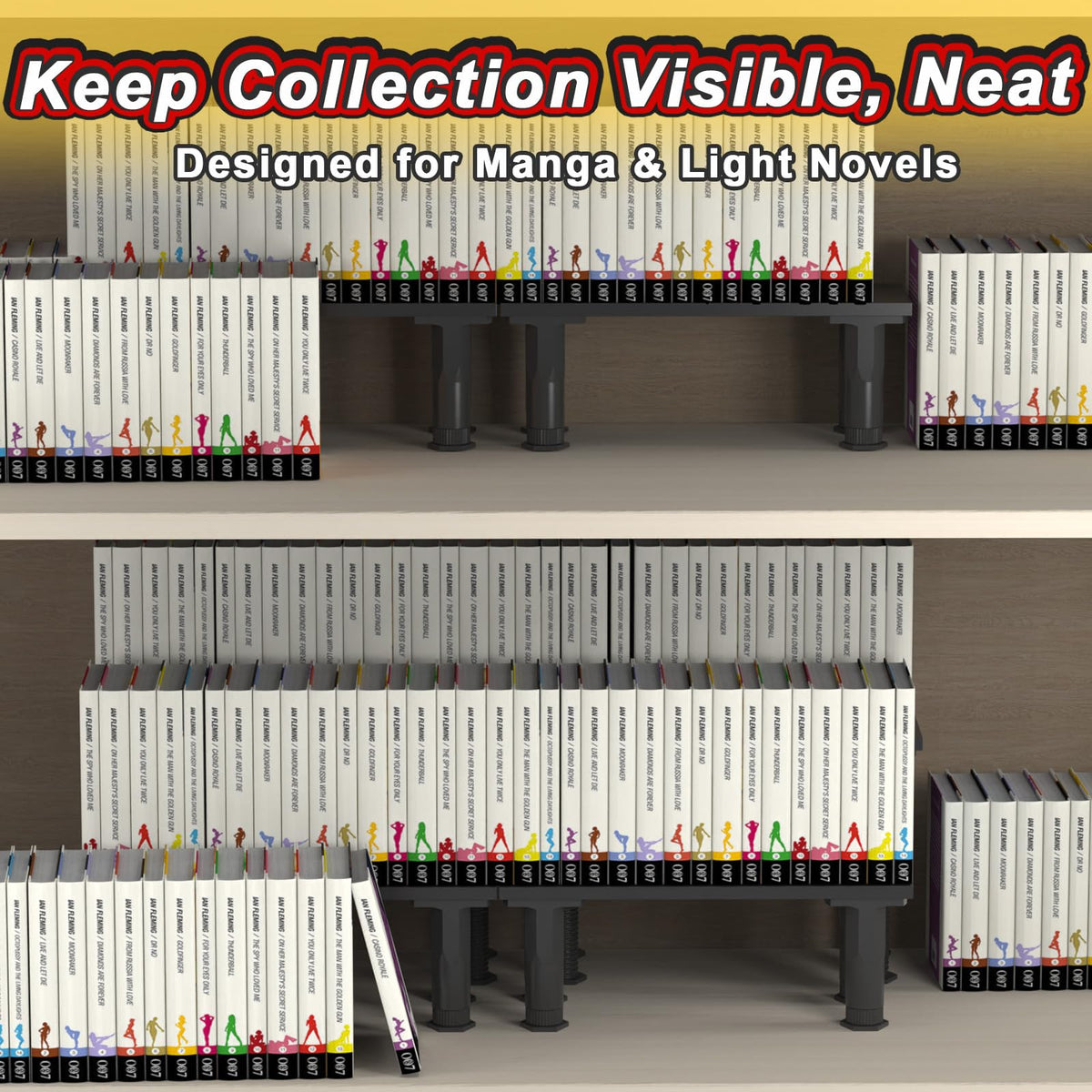 AVMDOM manga shelf risers black finish on a bookshelf setup.