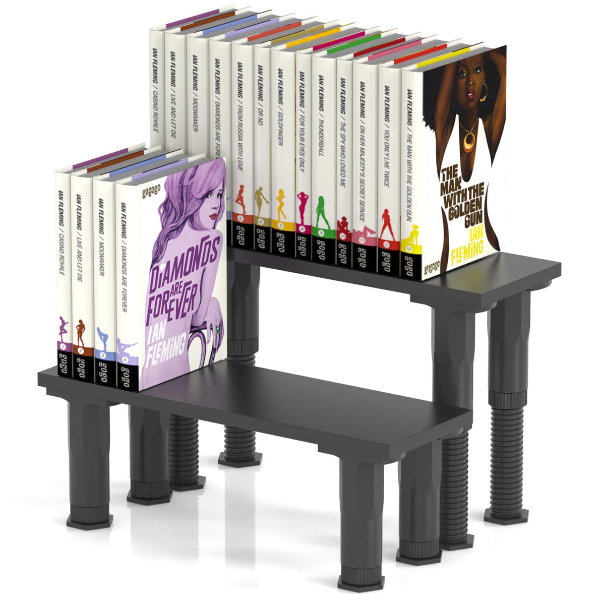 AVMDOM manga shelf risers front view showing double-row display for easy access.