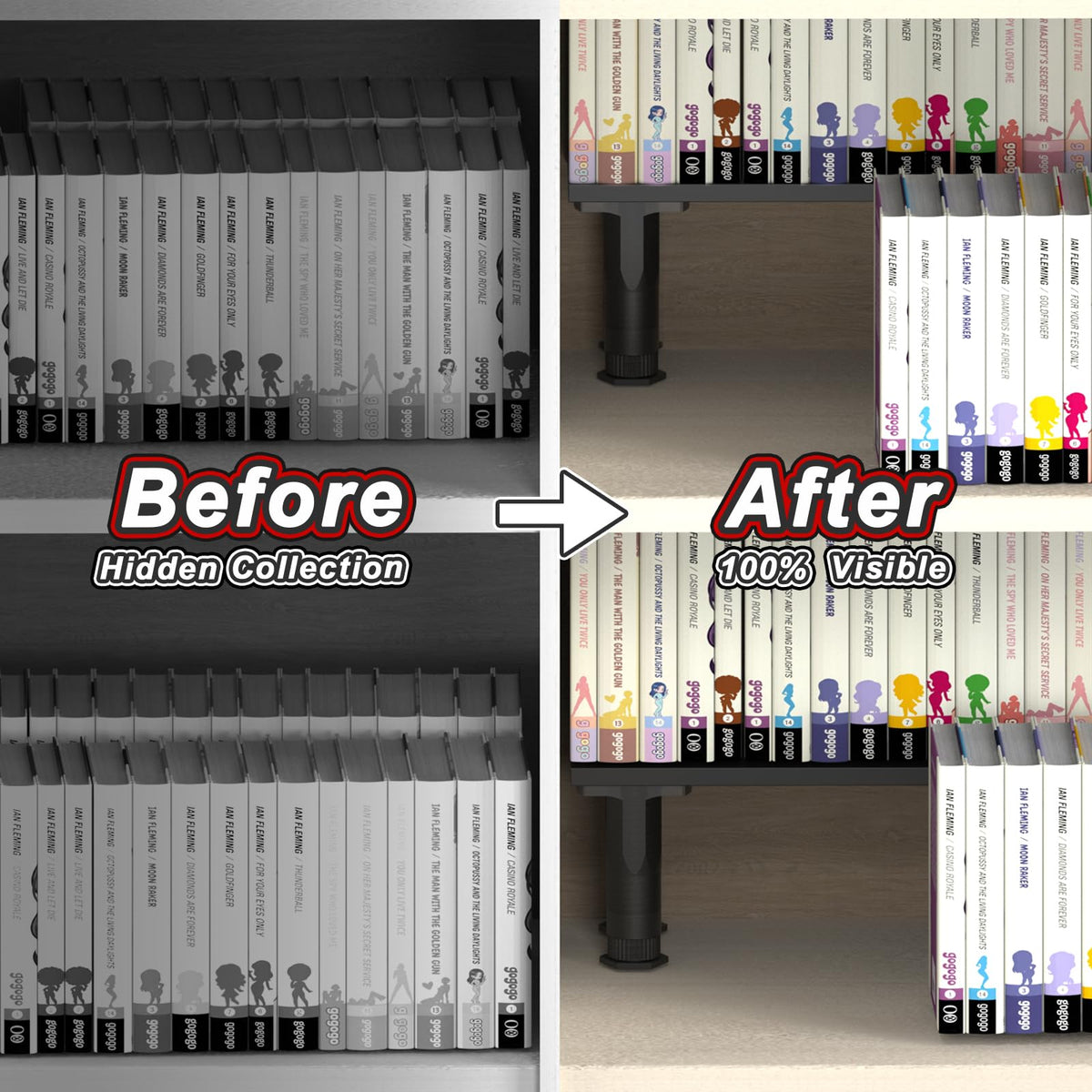 AVMDOM manga shelf risers side view demonstrating compact footprint on a desk.