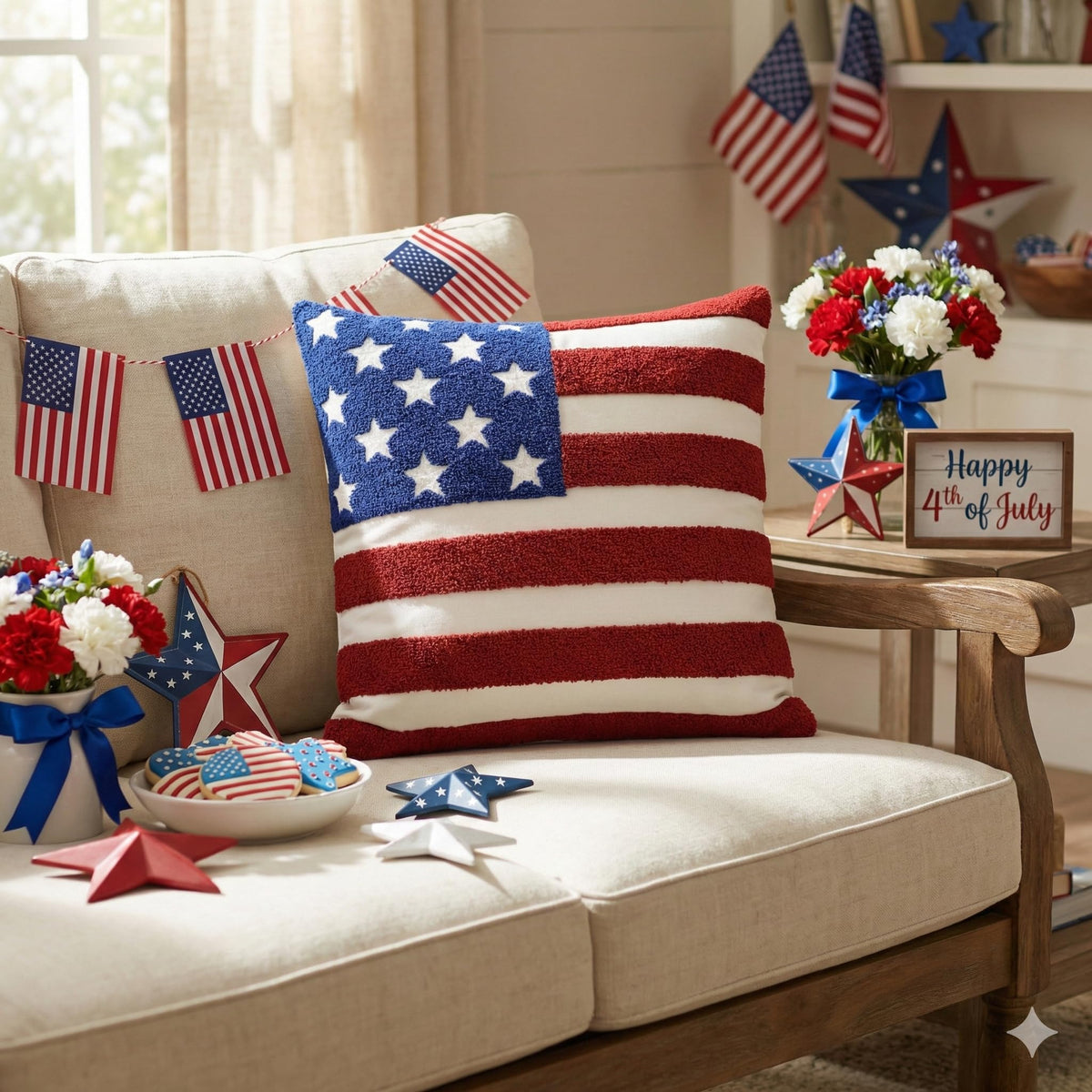 Close-up of embroidered star and stripes on AVOIN colorlife pillow cover
