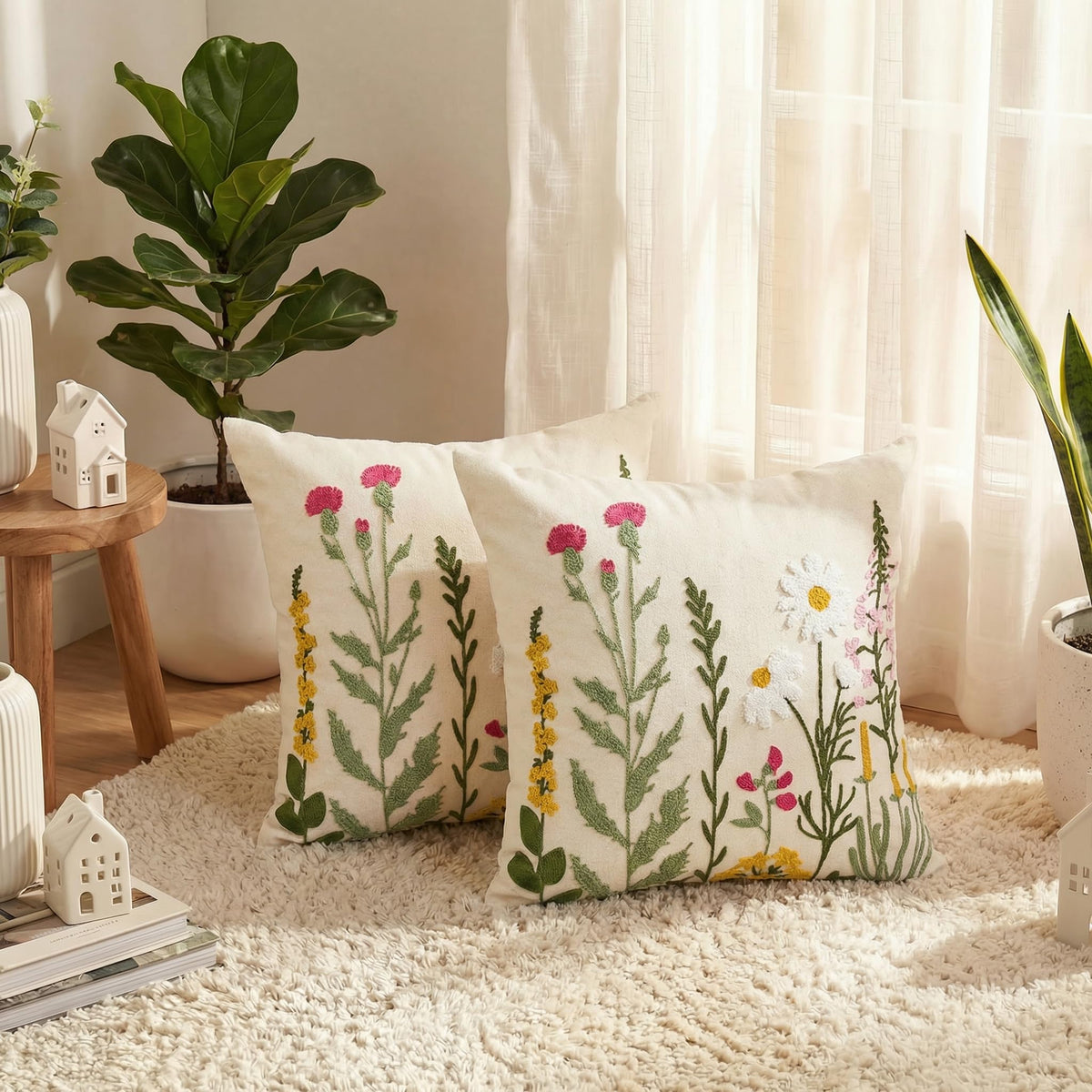 AVOIN colorlife closeup shows vibrant daisy embroidery for premium decor detail