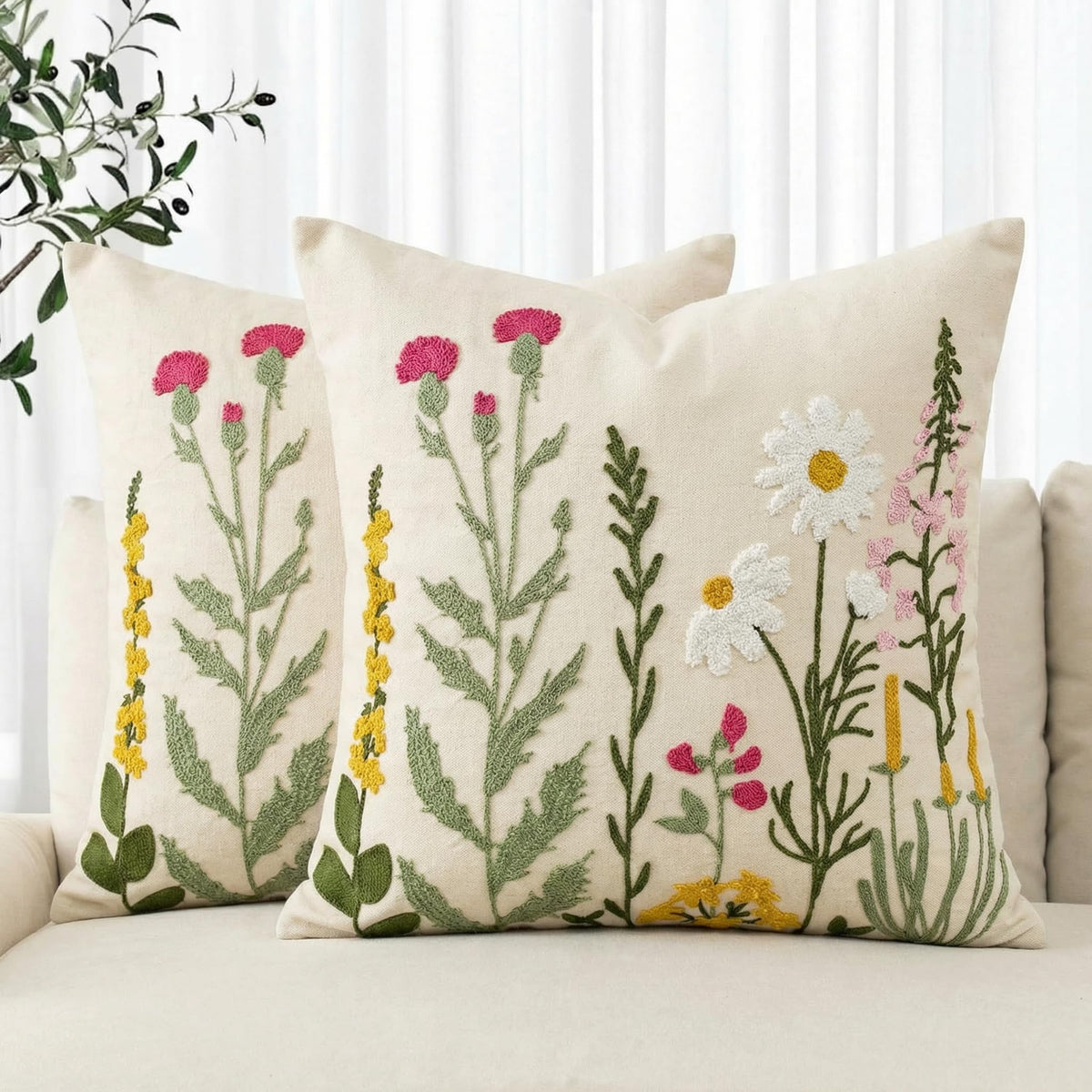 AVOIN colorlife daisy-embroidered pillow cover in beige enhances sofa styling with durable fabric