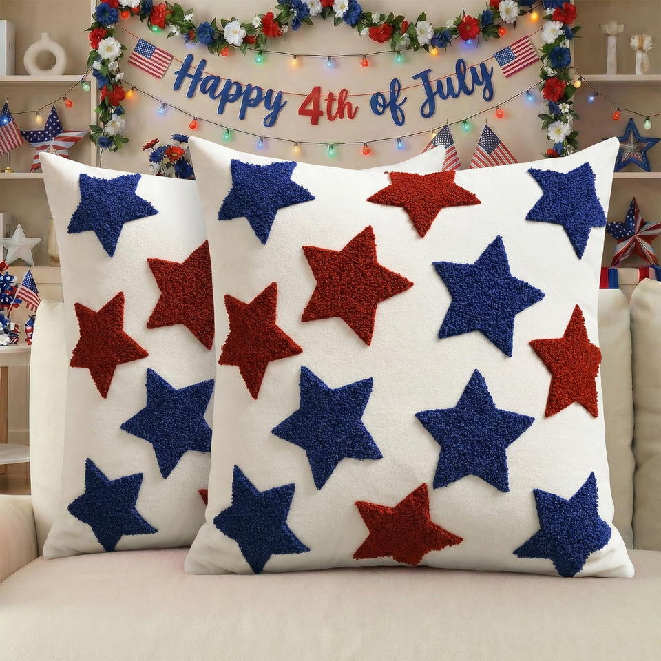 AVOIN colorlife patriotic pillow cover with red blue stars embroidery for Independence Day decor