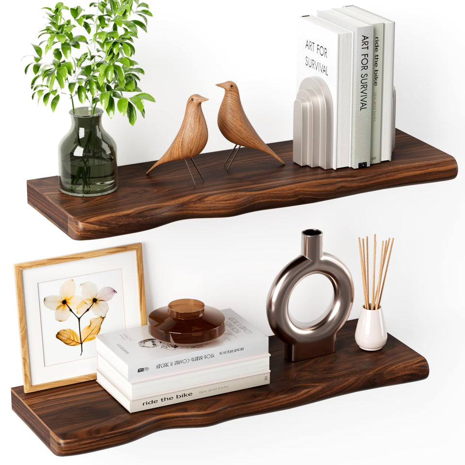 Avytronx solid wood live-edge shelf displays unique grain for rustic wall display.