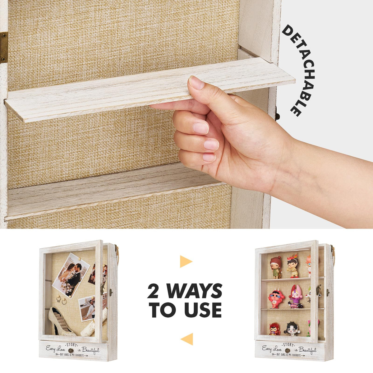 AW BRIDAL wall-hanging design saves surface space while displaying memories.