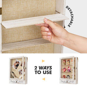 AW BRIDAL wall-hanging design saves surface space while displaying memories.
