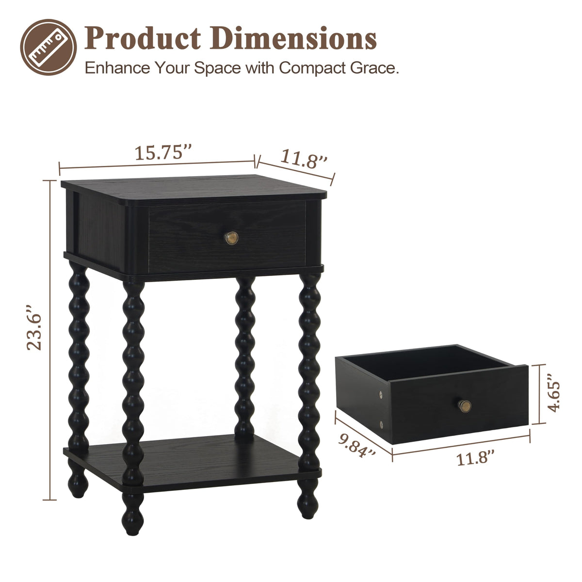 AWASEN Black Nightstand with drawer open for private storage and quick access.
