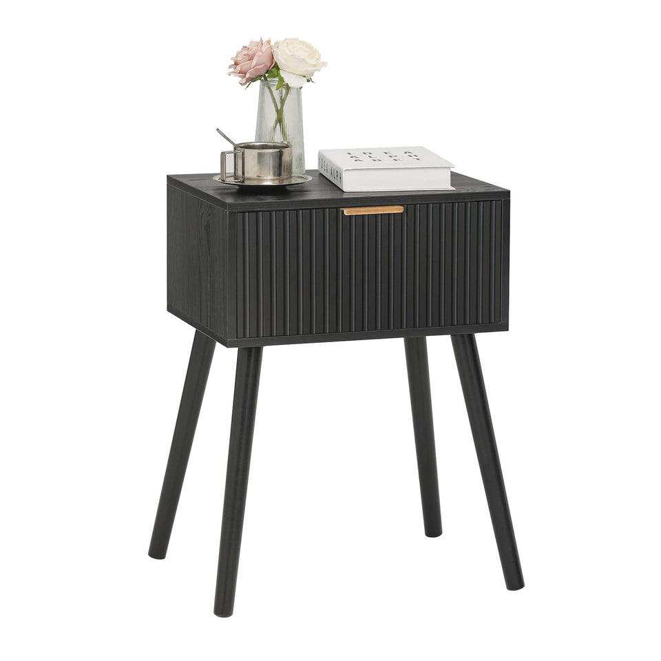 AWASEN Black Nightstand with fluted drawer and golden handle for chic bedside storage.