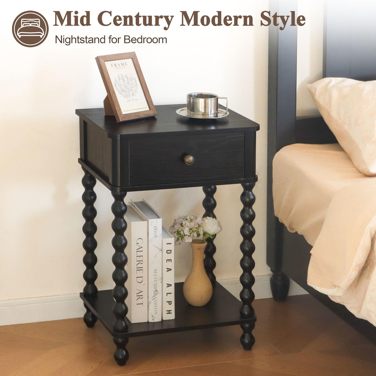 AWASEN Black Nightstand open lower shelf for books or decor.
