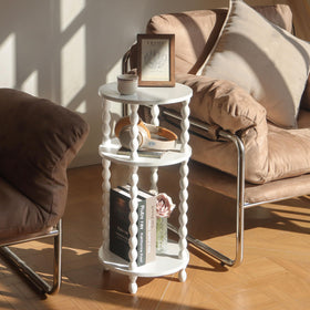 AWASEN end table in white with walnut spindle legs provides a stable surface for lamps and magazines.