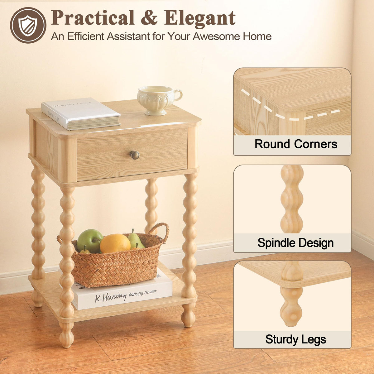 Close-up of AWASEN night stand drawer pull-out for private storage.