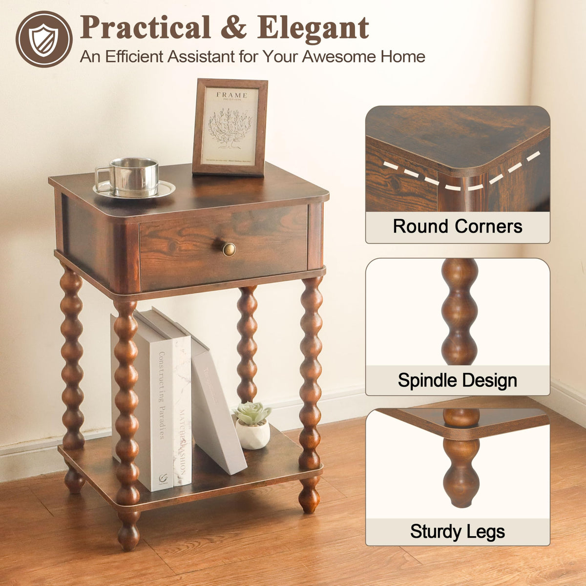 AWASEN nightstand open lower shelf for display and easy reach