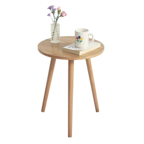 AWASEN round side table with walnut finish and triangle legs for stability.