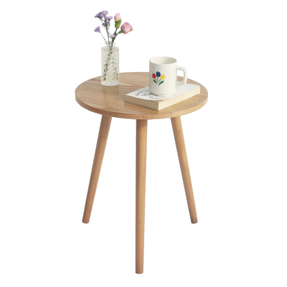 AWASEN round side table with walnut finish and triangle legs for stability.