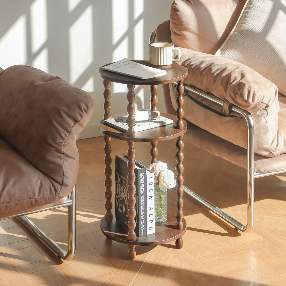 AWASEN small round end table nightstand layout demonstrates convenient bedroom organization.