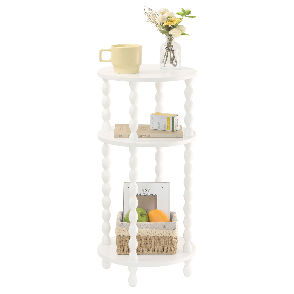 AWASEN small round side table with three-tier white design, ideal beside bed or sofa for accessible storage.
